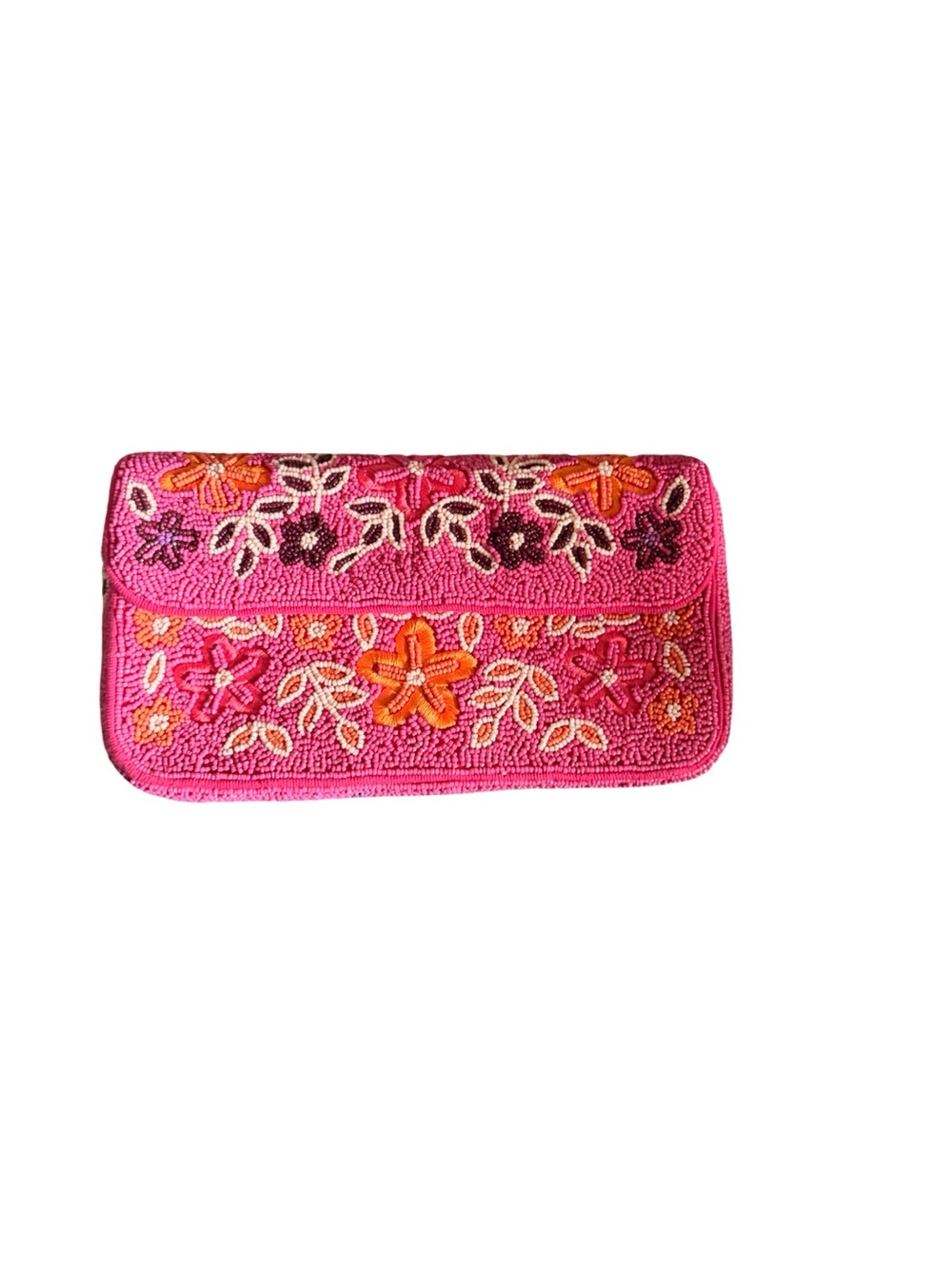 Source Unknown Pink Beaded Floral Shoulder Clutch with Orange & Purple Accents